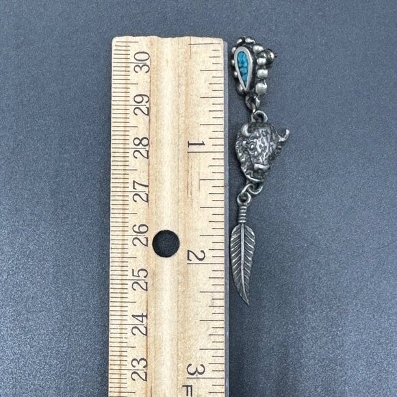 Buffalo Feather Drop Earrings Turquoise Inlay Western Silver Toned Metal - Picture 8 of 8